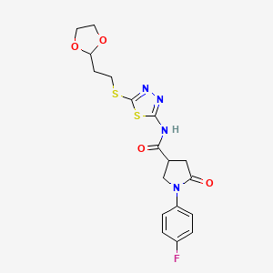 molecular formula C18H19FN4O4S2 B3409791 N-(5-{[2-(1,3-dioxolan-2-yl)ethyl]sulfanyl}-1,3,4-thiadiazol-2-yl)-1-(4-fluorophenyl)-5-oxopyrrolidine-3-carboxamide CAS No. 894055-45-9