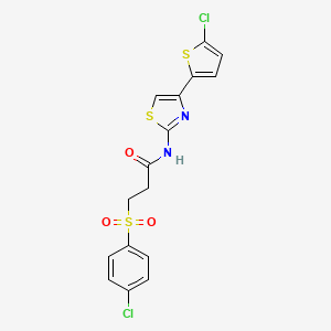 molecular formula C16H12Cl2N2O3S3 B3410059 3-((4-chlorophenyl)sulfonyl)-N-(4-(5-chlorothiophen-2-yl)thiazol-2-yl)propanamide CAS No. 895457-51-9