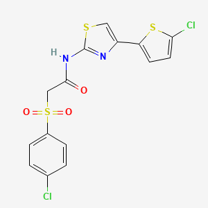 molecular formula C15H10Cl2N2O3S3 B3410068 2-((4-chlorophenyl)sulfonyl)-N-(4-(5-chlorothiophen-2-yl)thiazol-2-yl)acetamide CAS No. 895460-01-2