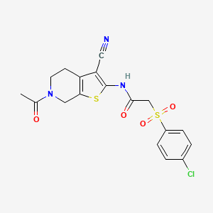 molecular formula C18H16ClN3O4S2 B3410126 N-{6-acetyl-3-cyano-4H,5H,6H,7H-thieno[2,3-c]pyridin-2-yl}-2-(4-chlorobenzenesulfonyl)acetamide CAS No. 895466-19-0