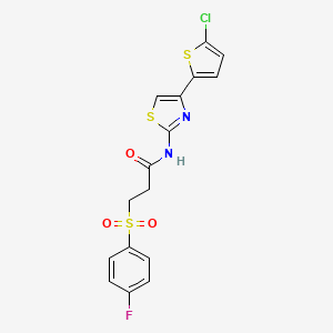 molecular formula C16H12ClFN2O3S3 B3410138 N-(4-(5-chlorothiophen-2-yl)thiazol-2-yl)-3-((4-fluorophenyl)sulfonyl)propanamide CAS No. 895472-83-0