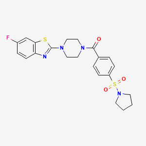 molecular formula C22H23FN4O3S2 B3410476 (4-(6-Fluorobenzo[d]thiazol-2-yl)piperazin-1-yl)(4-(pyrrolidin-1-ylsulfonyl)phenyl)methanone CAS No. 897472-31-0
