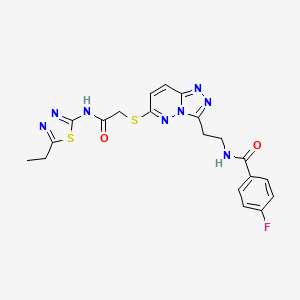 molecular formula C20H19FN8O2S2 B3410588 N-{2-[6-({[(5-ethyl-1,3,4-thiadiazol-2-yl)carbamoyl]methyl}sulfanyl)-[1,2,4]triazolo[4,3-b]pyridazin-3-yl]ethyl}-4-fluorobenzamide CAS No. 897758-96-2
