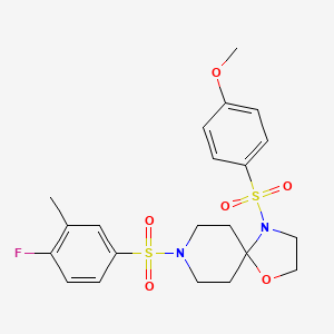 molecular formula C21H25FN2O6S2 B3410748 8-(4-Fluoro-3-methylbenzenesulfonyl)-4-(4-methoxybenzenesulfonyl)-1-oxa-4,8-diazaspiro[4.5]decane CAS No. 898452-99-8