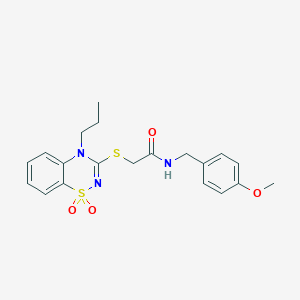 molecular formula C20H23N3O4S2 B3410996 2-((1,1-dioxido-4-propyl-4H-benzo[e][1,2,4]thiadiazin-3-yl)thio)-N-(4-methoxybenzyl)acetamide CAS No. 899978-26-8
