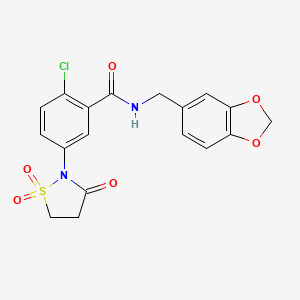 molecular formula C18H15ClN2O6S B3411472 N-(benzo[d][1,3]dioxol-5-ylmethyl)-2-chloro-5-(1,1-dioxido-3-oxoisothiazolidin-2-yl)benzamide CAS No. 919702-29-7