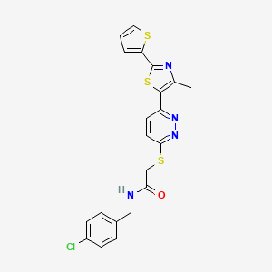 molecular formula C21H17ClN4OS3 B3411635 N-(4-chlorobenzyl)-2-((6-(4-methyl-2-(thiophen-2-yl)thiazol-5-yl)pyridazin-3-yl)thio)acetamide CAS No. 920441-50-5