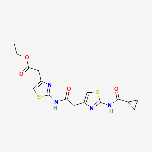 molecular formula C16H18N4O4S2 B3411940 Ethyl 2-(2-(2-(2-(cyclopropanecarboxamido)thiazol-4-yl)acetamido)thiazol-4-yl)acetate CAS No. 921845-28-5