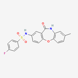 4-fluoro-N-{6-methyl-10-oxo-2-oxa-9-azatricyclo[9.4.0.0^{3,8}]pentadeca-1(11),3(8),4,6,12,14-hexaen-13-yl}benzene-1-sulfonamide
