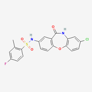 N-{6-chloro-10-oxo-2-oxa-9-azatricyclo[9.4.0.0^{3,8}]pentadeca-1(11),3(8),4,6,12,14-hexaen-13-yl}-4-fluoro-2-methylbenzene-1-sulfonamide