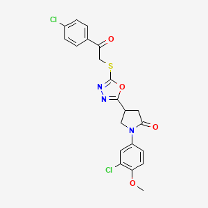 molecular formula C21H17Cl2N3O4S B3412291 1-(3-Chloro-4-methoxyphenyl)-4-(5-((2-(4-chlorophenyl)-2-oxoethyl)thio)-1,3,4-oxadiazol-2-yl)pyrrolidin-2-one CAS No. 931744-63-7