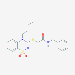 molecular formula C20H23N3O3S2 B3412317 N-benzyl-2-((4-butyl-1,1-dioxido-4H-benzo[e][1,2,4]thiadiazin-3-yl)thio)acetamide CAS No. 932967-22-1