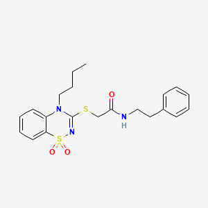molecular formula C21H25N3O3S2 B3412320 2-((4-butyl-1,1-dioxido-4H-benzo[e][1,2,4]thiadiazin-3-yl)thio)-N-phenethylacetamide CAS No. 932967-26-5