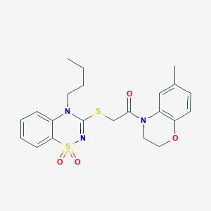 molecular formula C22H25N3O4S2 B3412336 2-((4-butyl-1,1-dioxido-4H-benzo[e][1,2,4]thiadiazin-3-yl)thio)-1-(6-methyl-2H-benzo[b][1,4]oxazin-4(3H)-yl)ethanone CAS No. 932967-50-5