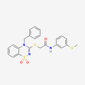 molecular formula C23H21N3O3S3 B3412376 2-((4-benzyl-1,1-dioxido-4H-benzo[e][1,2,4]thiadiazin-3-yl)thio)-N-(3-(methylthio)phenyl)acetamide CAS No. 932968-84-8