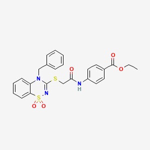 molecular formula C25H23N3O5S2 B3412389 ethyl 4-({[(4-benzyl-1,1-dioxido-4H-1,2,4-benzothiadiazin-3-yl)thio]acetyl}amino)benzoate CAS No. 932969-36-3