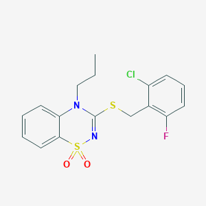 molecular formula C17H16ClFN2O2S2 B3412438 3-((2-chloro-6-fluorobenzyl)thio)-4-propyl-4H-benzo[e][1,2,4]thiadiazine 1,1-dioxide CAS No. 932992-43-3