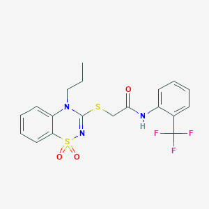 molecular formula C19H18F3N3O3S2 B3412447 2-((1,1-dioxido-4-propyl-4H-benzo[e][1,2,4]thiadiazin-3-yl)thio)-N-(2-(trifluoromethyl)phenyl)acetamide CAS No. 932992-84-2