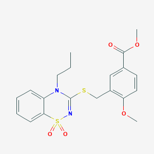 molecular formula C20H22N2O5S2 B3412455 methyl 3-(((1,1-dioxido-4-propyl-4H-benzo[e][1,2,4]thiadiazin-3-yl)thio)methyl)-4-methoxybenzoate CAS No. 932992-94-4