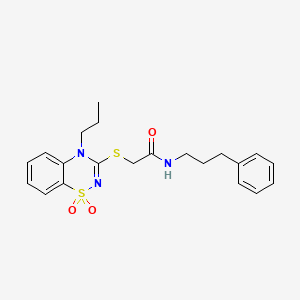 molecular formula C21H25N3O3S2 B3412458 2-((1,1-dioxido-4-propyl-4H-benzo[e][1,2,4]thiadiazin-3-yl)thio)-N-(3-phenylpropyl)acetamide CAS No. 932992-99-9