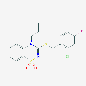 molecular formula C17H16ClFN2O2S2 B3412511 3-((2-chloro-4-fluorobenzyl)thio)-4-propyl-4H-benzo[e][1,2,4]thiadiazine 1,1-dioxide CAS No. 933022-81-2