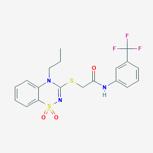 molecular formula C19H18F3N3O3S2 B3412520 2-((1,1-dioxido-4-propyl-4H-benzo[e][1,2,4]thiadiazin-3-yl)thio)-N-(3-(trifluoromethyl)phenyl)acetamide CAS No. 933023-06-4