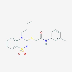 molecular formula C20H23N3O3S2 B3412529 2-((4-butyl-1,1-dioxido-4H-benzo[e][1,2,4]thiadiazin-3-yl)thio)-N-(m-tolyl)acetamide CAS No. 933024-40-9