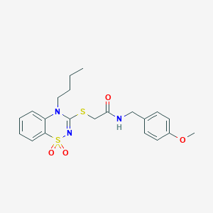 molecular formula C21H25N3O4S2 B3412532 2-[(4-butyl-1,1-dioxido-4H-1,2,4-benzothiadiazin-3-yl)thio]-N-(4-methoxybenzyl)acetamide CAS No. 933024-56-7