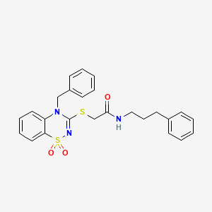 molecular formula C25H25N3O3S2 B3412570 2-((4-benzyl-1,1-dioxido-4H-benzo[e][1,2,4]thiadiazin-3-yl)thio)-N-(3-phenylpropyl)acetamide CAS No. 933026-21-2