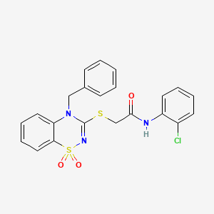 molecular formula C22H18ClN3O3S2 B3412572 2-((4-benzyl-1,1-dioxido-4H-benzo[e][1,2,4]thiadiazin-3-yl)thio)-N-(2-chlorophenyl)acetamide CAS No. 933026-46-1