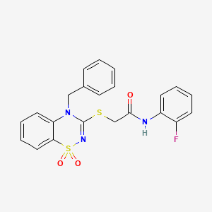 molecular formula C22H18FN3O3S2 B3412591 2-((4-benzyl-1,1-dioxido-4H-benzo[e][1,2,4]thiadiazin-3-yl)thio)-N-(2-fluorophenyl)acetamide CAS No. 933026-56-3