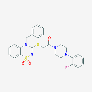molecular formula C26H25FN4O3S2 B3412593 4-benzyl-3-({2-[4-(2-fluorophenyl)piperazin-1-yl]-2-oxoethyl}sulfanyl)-4H-1lambda6,2,4-benzothiadiazine-1,1-dione CAS No. 933026-64-3