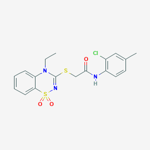 molecular formula C18H18ClN3O3S2 B3412595 N-(2-chloro-4-methylphenyl)-2-((4-ethyl-1,1-dioxido-4H-benzo[e][1,2,4]thiadiazin-3-yl)thio)acetamide CAS No. 933026-68-7