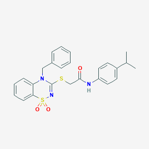 molecular formula C25H25N3O3S2 B3412715 2-((4-benzyl-1,1-dioxido-4H-benzo[e][1,2,4]thiadiazin-3-yl)thio)-N-(4-isopropylphenyl)acetamide CAS No. 933235-20-2