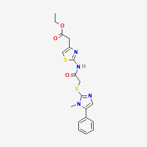 molecular formula C19H20N4O3S2 B3412912 ethyl 2-(2-(2-((1-methyl-5-phenyl-1H-imidazol-2-yl)thio)acetamido)thiazol-4-yl)acetate CAS No. 941879-95-4
