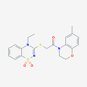 molecular formula C20H21N3O4S2 B3412965 2-((4-ethyl-1,1-dioxido-4H-benzo[e][1,2,4]thiadiazin-3-yl)thio)-1-(6-methyl-2H-benzo[b][1,4]oxazin-4(3H)-yl)ethanone CAS No. 941899-78-1