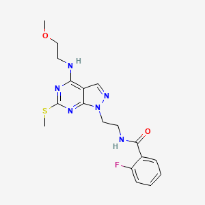 molecular formula C18H21FN6O2S B3413046 2-fluoro-N-(2-(4-((2-methoxyethyl)amino)-6-(methylthio)-1H-pyrazolo[3,4-d]pyrimidin-1-yl)ethyl)benzamide CAS No. 941948-41-0