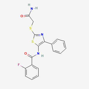 molecular formula C18H14FN3O2S2 B3413291 N-(2-((2-amino-2-oxoethyl)thio)-4-phenylthiazol-5-yl)-2-fluorobenzamide CAS No. 946210-83-9