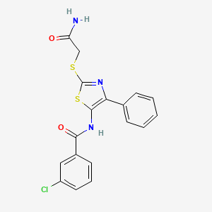 molecular formula C18H14ClN3O2S2 B3413295 N-(2-((2-amino-2-oxoethyl)thio)-4-phenylthiazol-5-yl)-3-chlorobenzamide CAS No. 946210-88-4