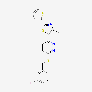 molecular formula C19H14FN3S3 B3413497 5-(6-((3-Fluorobenzyl)thio)pyridazin-3-yl)-4-methyl-2-(thiophen-2-yl)thiazole CAS No. 946237-20-3