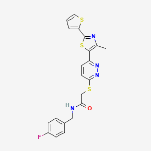 molecular formula C21H17FN4OS3 B3413504 N-(4-fluorobenzyl)-2-((6-(4-methyl-2-(thiophen-2-yl)thiazol-5-yl)pyridazin-3-yl)thio)acetamide CAS No. 946237-32-7