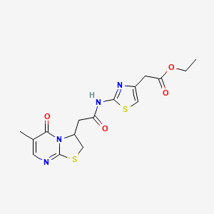 molecular formula C16H18N4O4S2 B3413718 ethyl 2-(2-(2-(6-methyl-5-oxo-3,5-dihydro-2H-thiazolo[3,2-a]pyrimidin-3-yl)acetamido)thiazol-4-yl)acetate CAS No. 946264-48-8