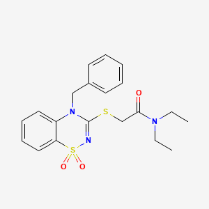 molecular formula C20H23N3O3S2 B3413769 2-((4-benzyl-1,1-dioxido-4H-benzo[e][1,2,4]thiadiazin-3-yl)thio)-N,N-diethylacetamide CAS No. 946268-43-5