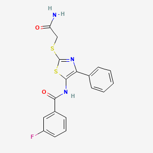 molecular formula C18H14FN3O2S2 B3413782 N-(2-((2-amino-2-oxoethyl)thio)-4-phenylthiazol-5-yl)-3-fluorobenzamide CAS No. 946271-33-6