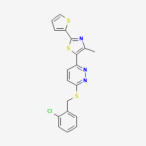 molecular formula C19H14ClN3S3 B3414207 5-(6-((2-Chlorobenzyl)thio)pyridazin-3-yl)-4-methyl-2-(thiophen-2-yl)thiazole CAS No. 946310-35-6