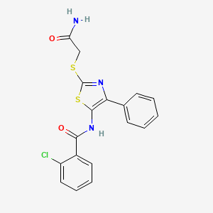 molecular formula C18H14ClN3O2S2 B3414350 N-(2-((2-amino-2-oxoethyl)thio)-4-phenylthiazol-5-yl)-2-chlorobenzamide CAS No. 946327-27-1