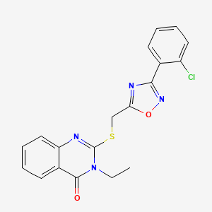 molecular formula C19H15ClN4O2S B3414389 2-(((3-(2-chlorophenyl)-1,2,4-oxadiazol-5-yl)methyl)thio)-3-ethylquinazolin-4(3H)-one CAS No. 946328-45-6