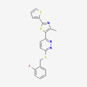 molecular formula C19H14FN3S3 B3414658 5-(6-((2-Fluorobenzyl)thio)pyridazin-3-yl)-4-methyl-2-(thiophen-2-yl)thiazole CAS No. 946360-44-7