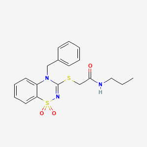 molecular formula C19H21N3O3S2 B3414905 2-[(4-benzyl-1,1-dioxido-4H-1,2,4-benzothiadiazin-3-yl)thio]-N-propylacetamide CAS No. 946384-32-3