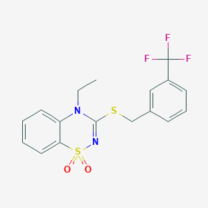 molecular formula C17H15F3N2O2S2 B3415007 4-ethyl-3-((3-(trifluoromethyl)benzyl)thio)-4H-benzo[e][1,2,4]thiadiazine 1,1-dioxide CAS No. 951520-56-2